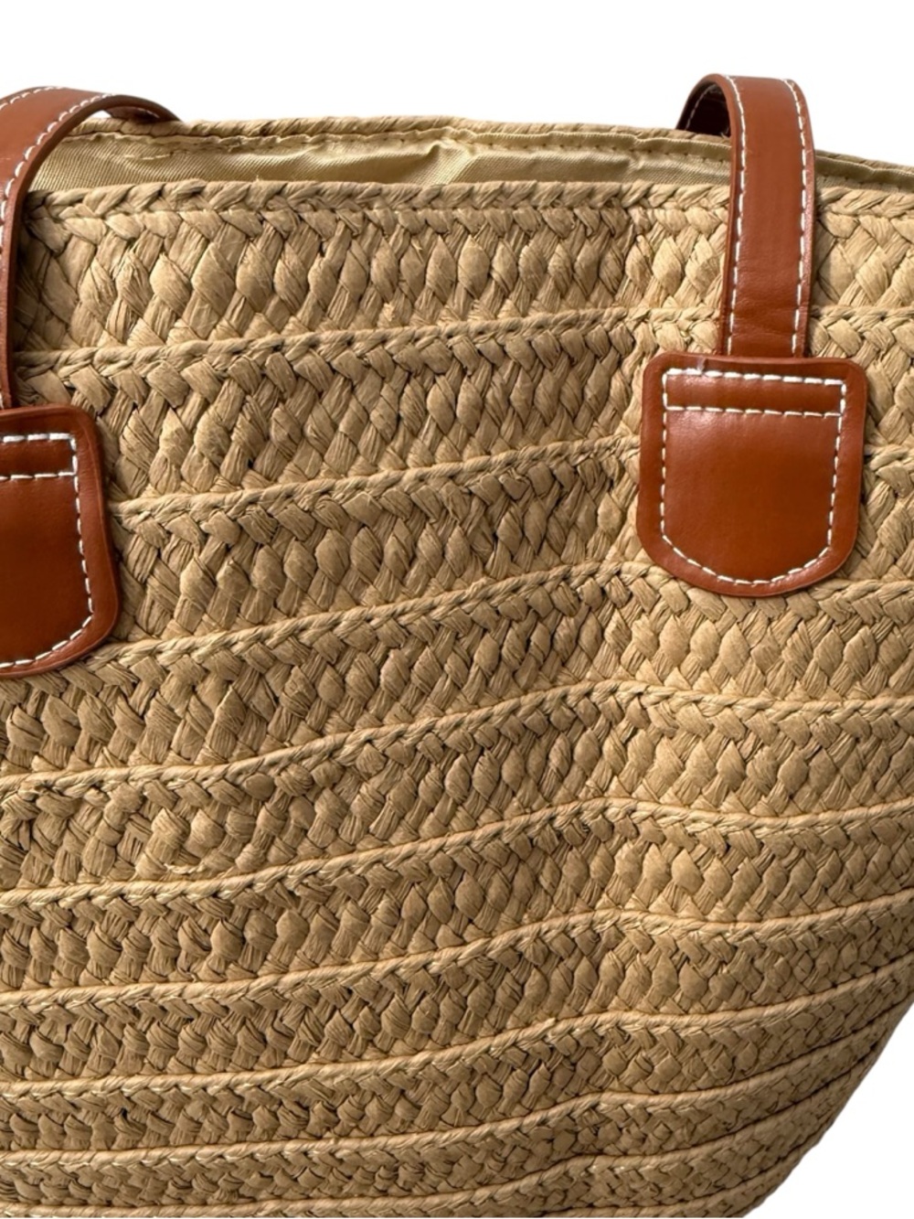 Woven Straw Tote with Brown Leather Straps - Picture 2 of 6